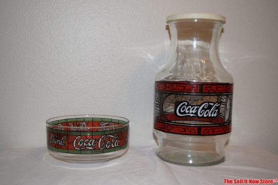 Vintage Coca-Cola Lot Stained Glass Bowl God-Fathers Pizza Pitcher With Lid