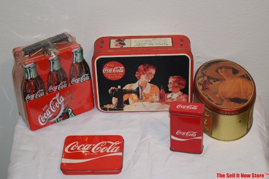 Lot of Vintage Coca-Cola Lunchbox and Two Coke Tins, Kitchens It's Pause Time Mother Tin