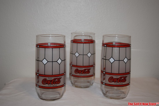 Lot of 3 Vintage 16 oz Frosted Stained Glass Coca-Cola Tiffany Style Tumblers