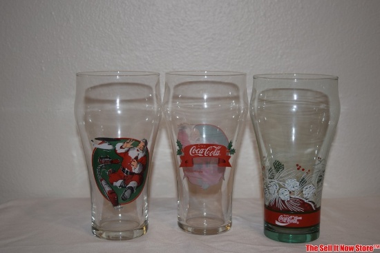 Vintage Coca-Cola Glass Tumblers 1997 Christmas Santa Pine Cone