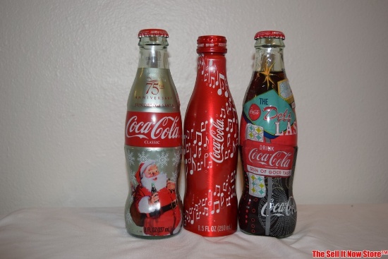 Coca-Cola Glass Bottles Glass Santa X 75th Anniversary Wrapped Las Vegas & Aluminum Collectible