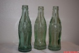 Lot of 3 Vintage 6 oz Embossed Green Glass Coca-Cola Empty Bottles