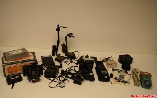 Large Lot Of Camera And Accessories : Handheld Flash Units , Focusing Camera Mounts , Polaroid Eq