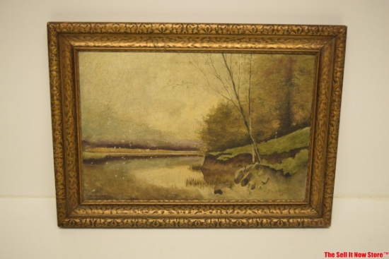 Scenic waterfront oil painting framed “ C. A. Guman 41 " 26in by 19in
