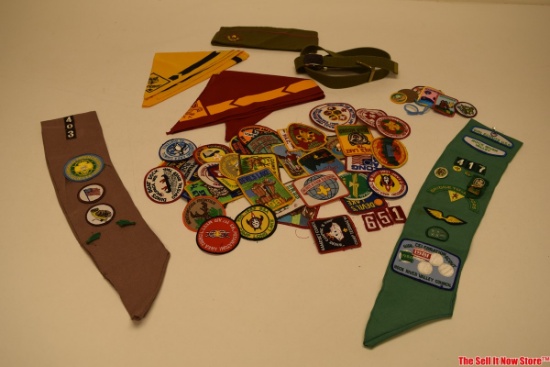 Large Lot Of Boy And Girl Scout Sashes, Patches, And Bandanas