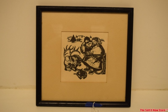 Russian Etching "Two Mothers" Linocut Borodin Anatoly. Series "In the Malozemelskaya tundra" 1961