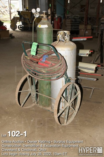 Gas welding cart with torch, hoses, regulators