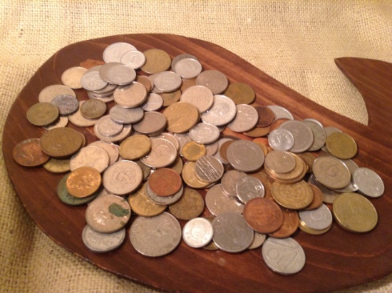 Wooden Tray of Foreign Coins