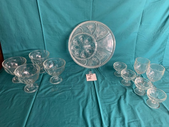 Vintage Clear Glass Tray, (2) 4 pc. Sundae Glass Sets, & 2 Wine Glass Set