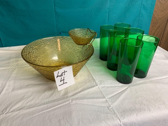 Gold Beveled Glass Bowl & 6 pc. Glass Set