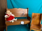 Wooden Bench, Wooden Doll Chair with Vintage Doll