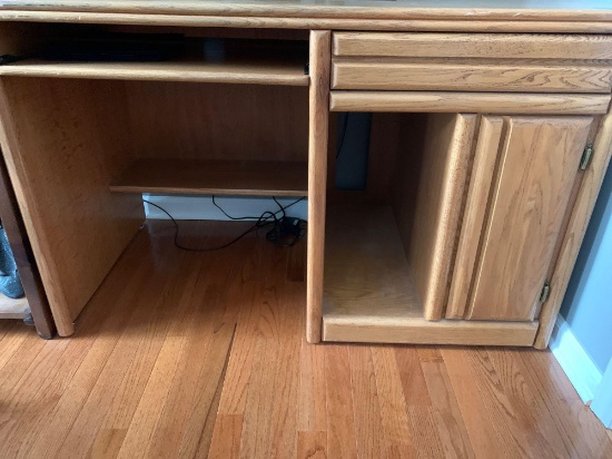 Desk with 2 shelves and an office chair