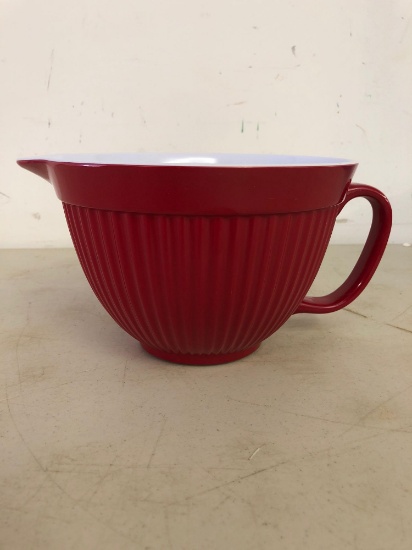 Red and white mixing bowl with handle & spout