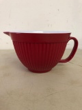 Red and white mixing bowl with handle & spout
