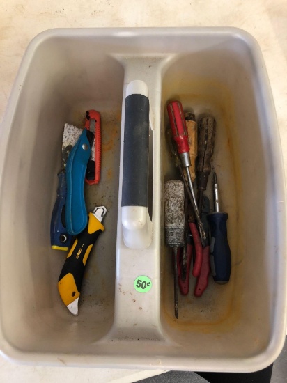 Plastic handled bucket with various hand tools