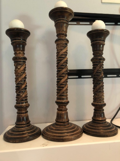 3 carved wood candle holders