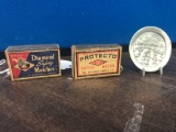Small pewter plate and 2 vintage match boxes