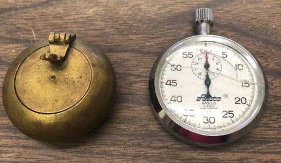 Vintage Brass pocket ashtray and Aristo stop watch