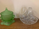 vaseline glass candy dish with lid and cut glass basket