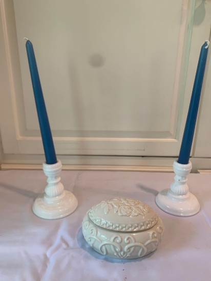 2 candle holders and egg music box