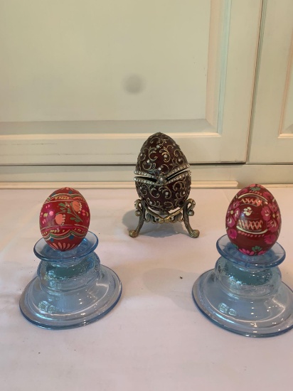 Hand painted eggs/ stands / musical box egg