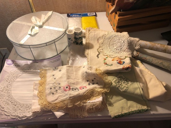Misc cloth, wrapping paper, wire box, needlepoint, etc
