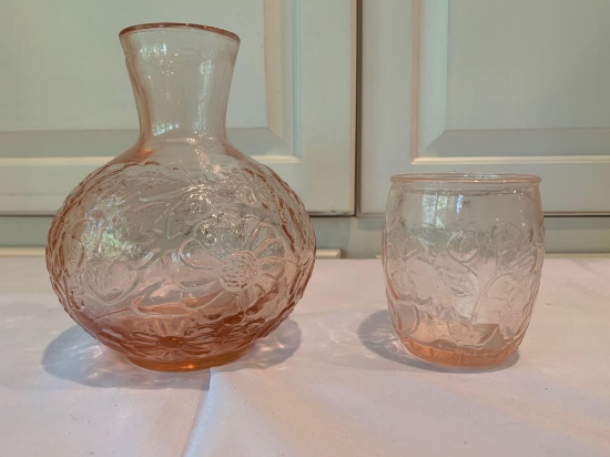 Brush pink glass decanter with glass