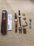 Watches, money clip, coins