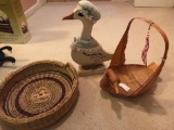 Wooden duck, wicker duck basket, round wicker basket