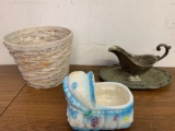 Wicker basket/ creamer / ceramic Bassett figurine