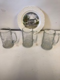 Vintage plate, James Whitcomb Riley home, 3 etched mugs