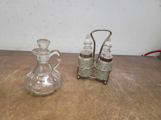 3 Oil and Vinegar Containers and Salt and Pepper Shakers