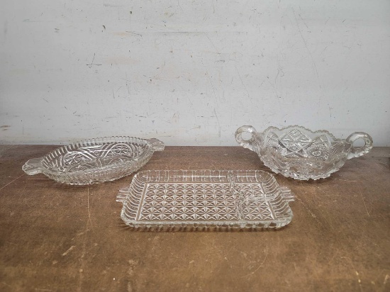 2 Diveided Dishes and 1 Glass Bowl with Handles