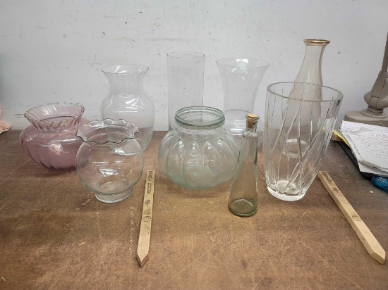 1 Crystal Vase, 7 Glass Vases 1 Glass Container with Cork