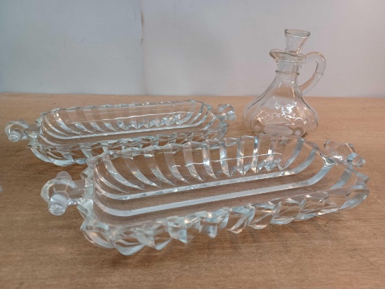 2 Glass Pickle/Relish Dishes and Glass Cruet