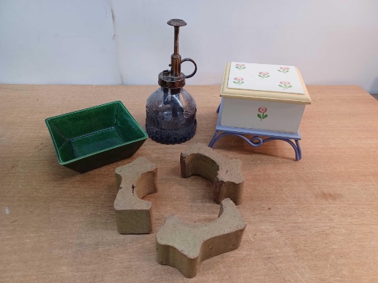 Glazed Tray, Atomizer, Wooden Keepsake Box, and Glazed Flower Pot Rest