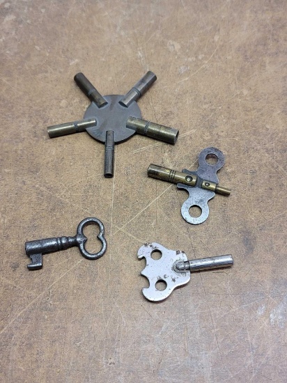 3 Vintage Clock Winding Keys and 1 Vintage Key
