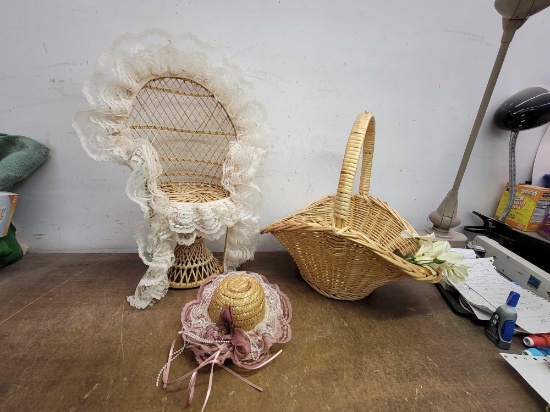 Wicker Basket, Wicker Doll Chair, and Doll Hat
