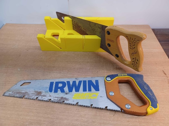 1 Irwin Saw, 1 Stanley Saw, and Miter Box