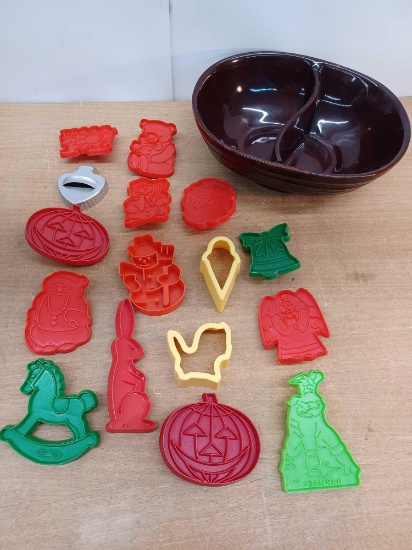 Mar-Crest Stoneware Divided Bowl and 16 Cookie Cutters