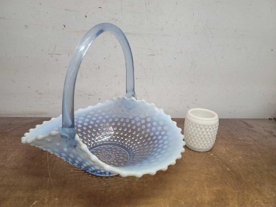 Hobnail Glass Basket and Hobnail Milk Glass Cup