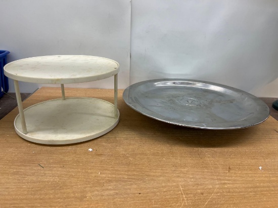 10 Inch Plastic 2 Tier Lazy Susan / 16 Inch Silver Platter Lazy Susan