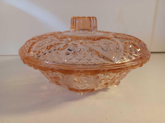 Vintage Roses In Hearts Pattern Pink Depression Glass Candy Dish with Lid