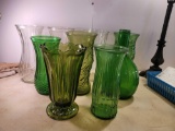 8 Glass Vases and 1 Green Glass Bottle