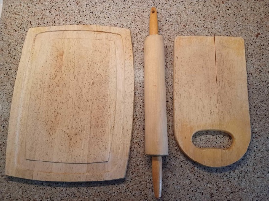 Wood Rolling Pin and 2 Wood Cutting Boards