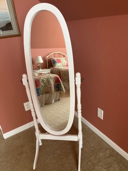 White Wooden Stand Up Mirror on Wooden Stand
