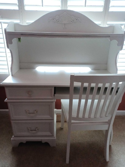 White 3 Drawer Desk with Sliding Keyboard Drawer and Chair