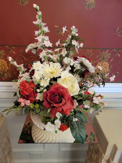 Artifical Flowers, Ceramic Vase, and Mirror Display