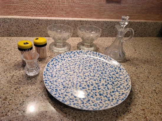 Plate, Toothpicks, Oil/Vinegar Bottle, 2 Candle Holders, and Toothpick Holder