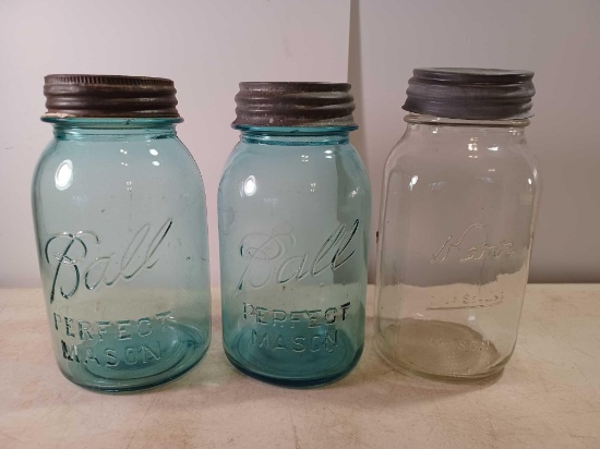 2 Colored Glass Ball Jars and 1 Clear Glass Kerr Jar